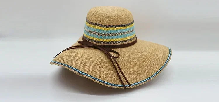 Women Wide Brim Straw Hat with Chin Strap Summer Sun Hats UV Sun Protection Beach Hat Wind Lanyard UPF Derby Travel Hat