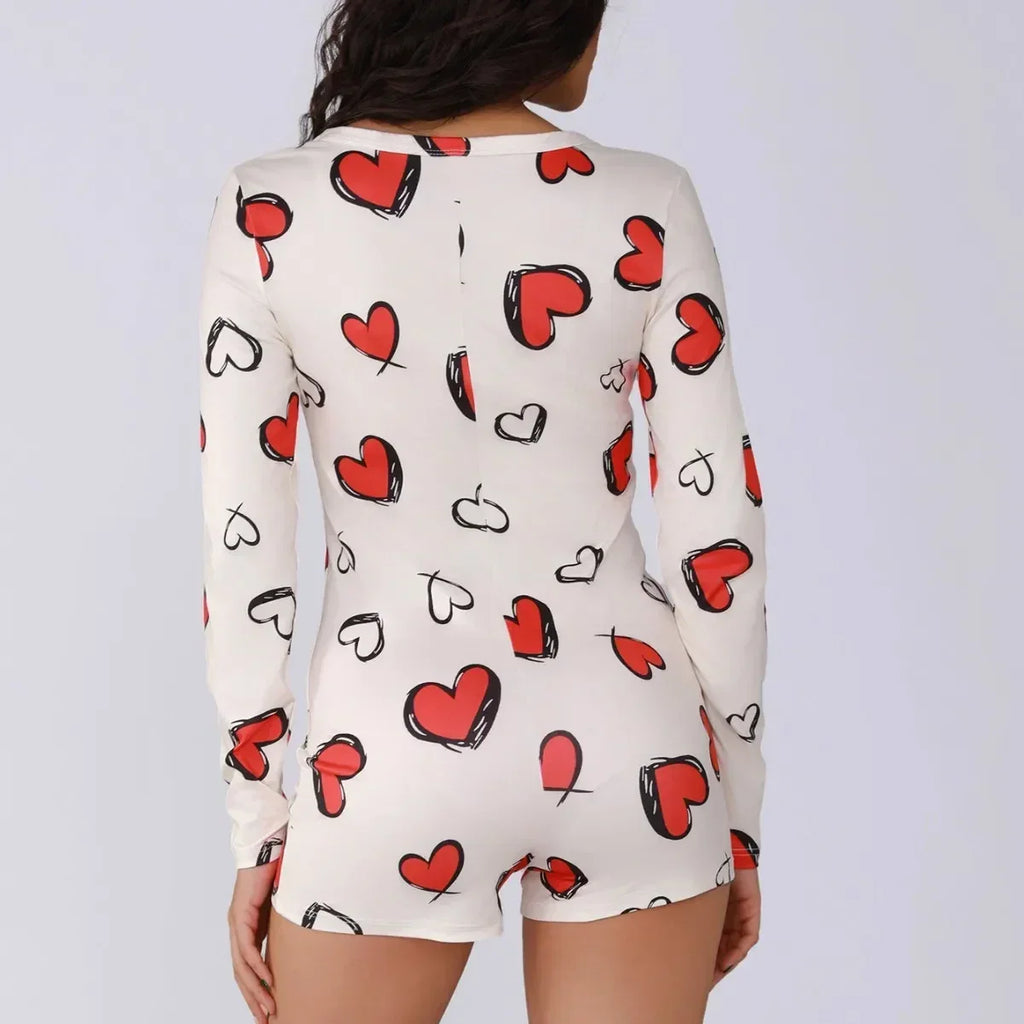 Ladies one-piece bodysuit sexy hot girl pajamas heart digital print short-sleeved set shorts home wear
