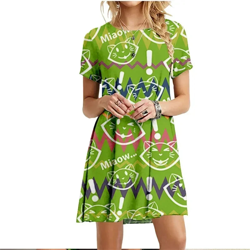 Painted Patters Cats Print Dress Short Sleeve Kawaii Women Dresses Summer For 2022 Fashion O-Neck Street Casual Loose Clothing