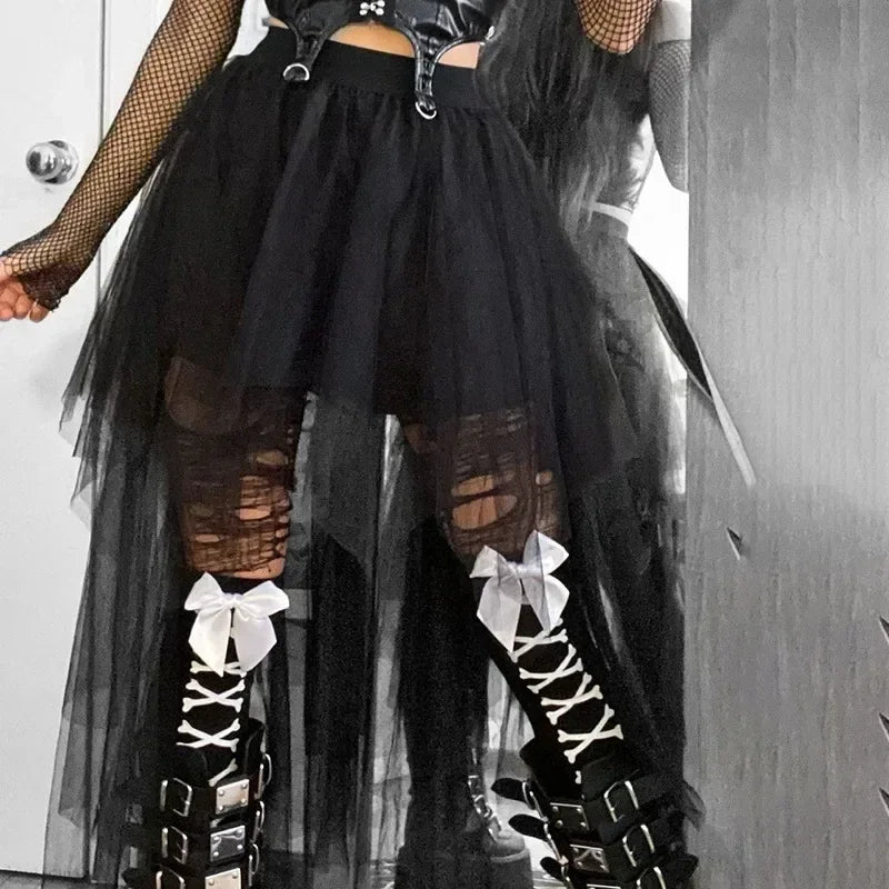 Casual Skirts Punk Sexy Net Yarn High-Waisted Irregular Skirt for Women Summer New European and American Gothic Style Versatile