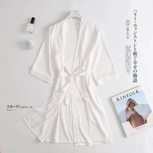 Women Wedding White Bride Robe Morning Gown 3/4 Sleeve Sleepwear Loose Nightgown Female Silk Satin Kimono Bathrobe Lingerie