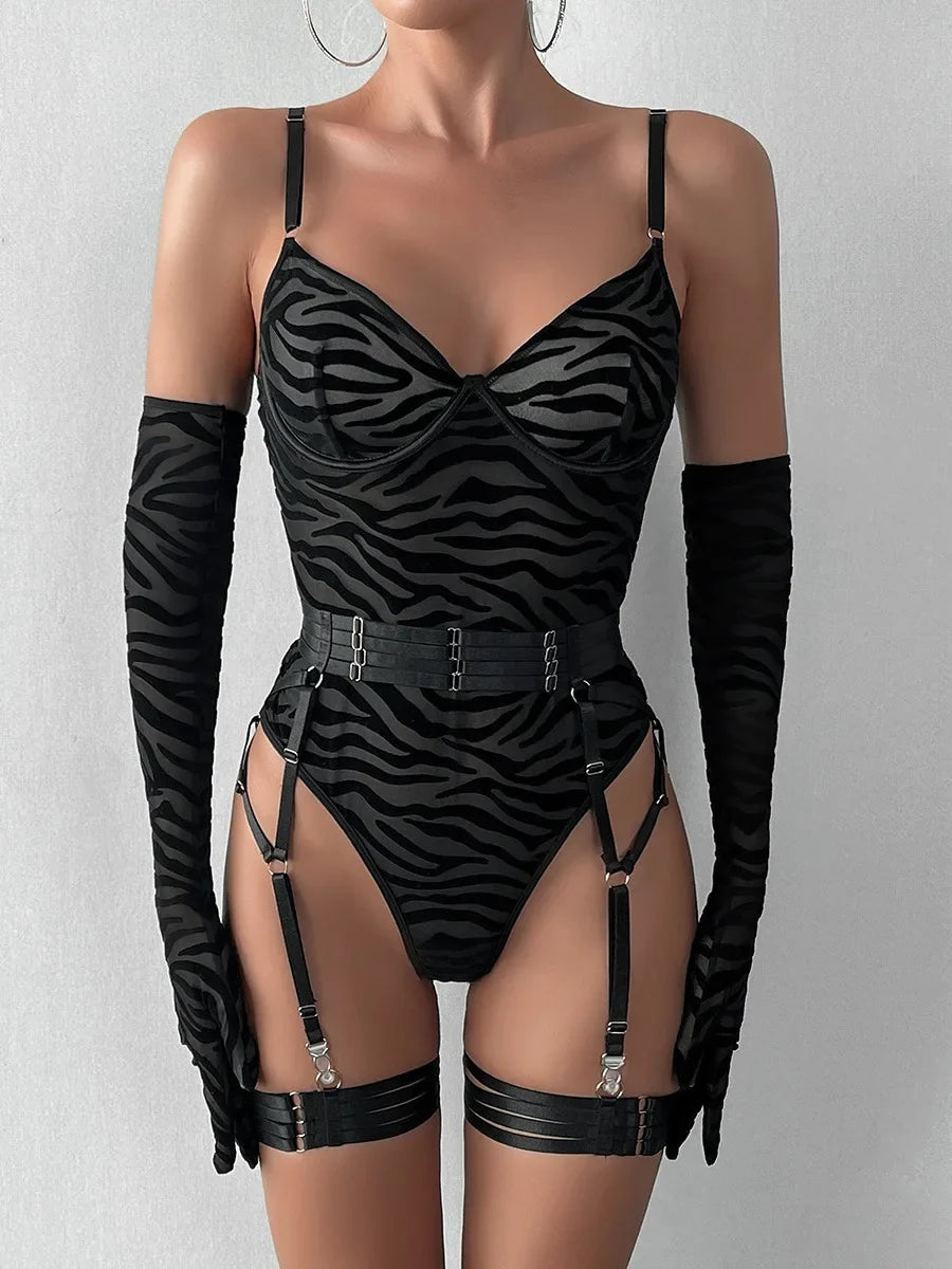 Bodysuit Sexy One-piece With Gloves Garters Mesh Women Rompers Clothing Body Suits Lace Jumpsuit Sweet Korean Women EV5W