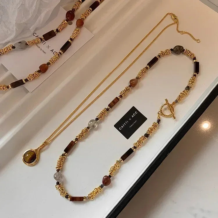 Autumn and Winter New Natural Stone Metal Splicing Bead Necklace for Women Double-layer Layered Collarbone Chain