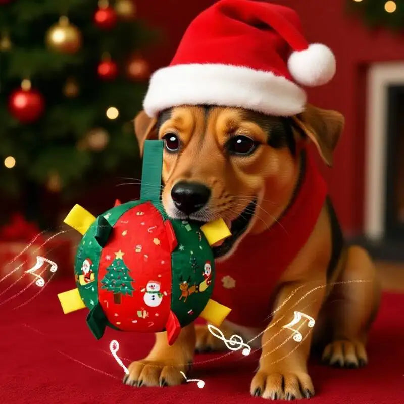 Christmas plush dog toy ball with Santa print, built-in bell and squeaker — holiday stocking stuffer for dogs