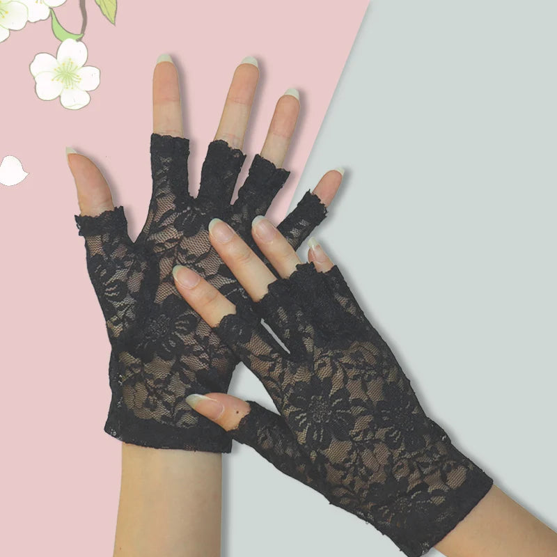 Women's Lace Flower Half-Finger Gloves, Touchscreen