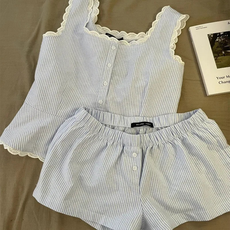 Striped Women Pajamas Summer Sleepwear Sleeveless Shorts Sets 2 Pieces Lace Night Wears Tank Korean Sleeping Home Suit 2025 New