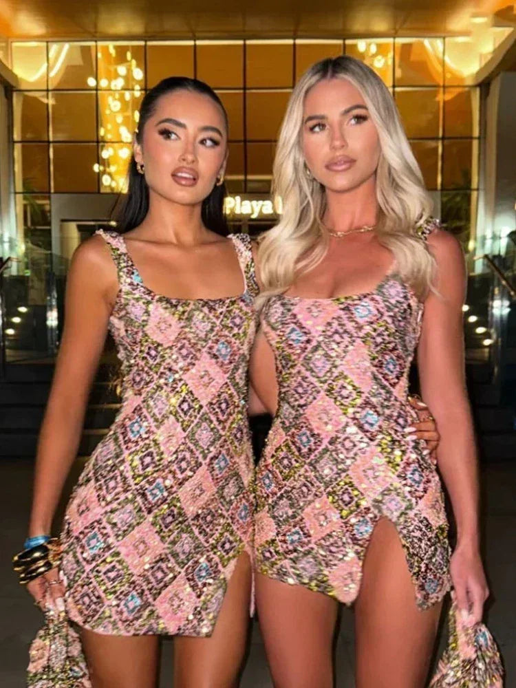 Colorful Rhombus Sequins Sexy Mini Dress Elegant Chic Straps Slit Bodycon Party Dresses Summer Holidays Evening Women Dress 2025