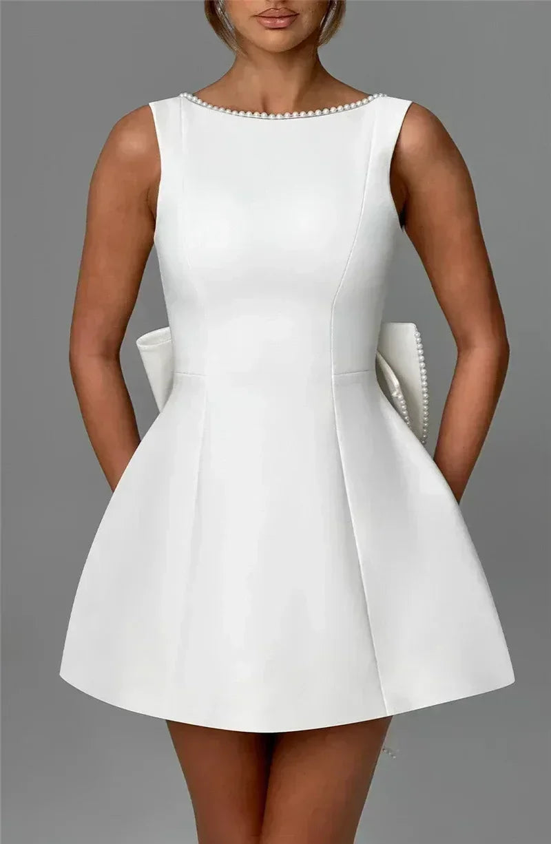 Mozision Pearl Bow Backless Sexy Mini Dress For Women Robe Fashion Zipper Sleeveless High Waist A-line Club Party Dress Elegant