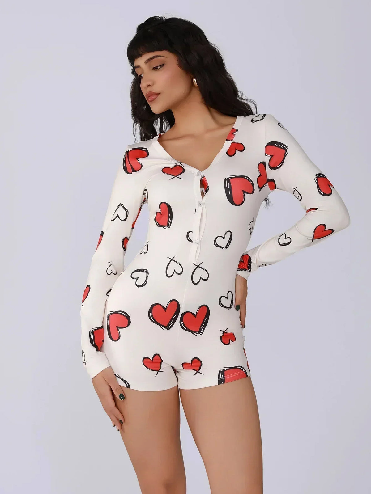 Ladies one-piece bodysuit sexy hot girl pajamas heart digital print short-sleeved set shorts home wear