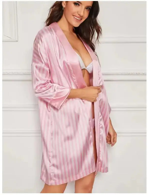 Women Satin Kimono Bathrobe Gown Summer V-Neck Nightgown Stripe Robe With Belt Bridal Wedding Sleepwear Loose Intimate Lingerie