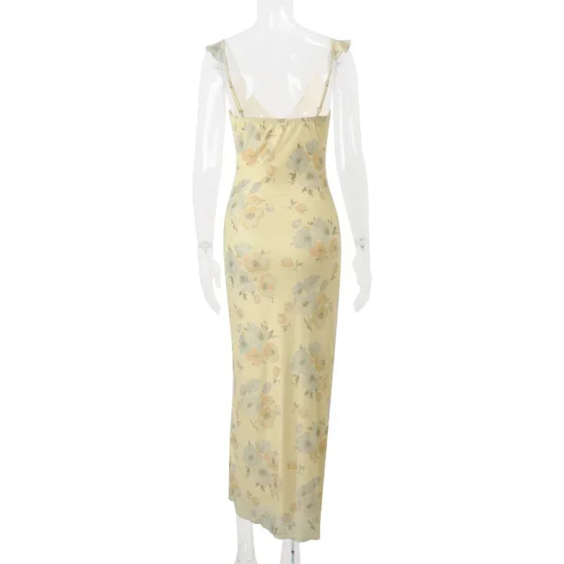 Yellow Floral Maxi Dress | Retro V-Neck Summer Party Gown -femstylo
