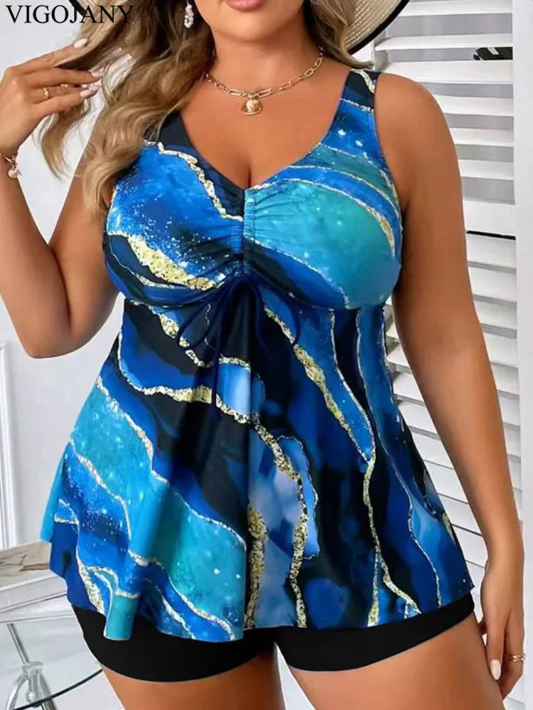 VigoJany 2026 Sexy Strapped 2 Piece Plus Size Tankini Set Women Print High Waist Curvy Swimsuit Brazilian Lady Big Bathing Suit