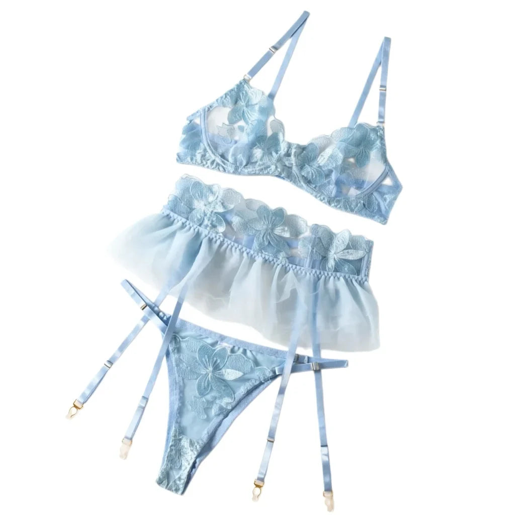 Yimunancy Lace Bra Set Women Transparent Mesh Patchwork Sexy Lingerie Set Floral Garter Brief Underwear Set