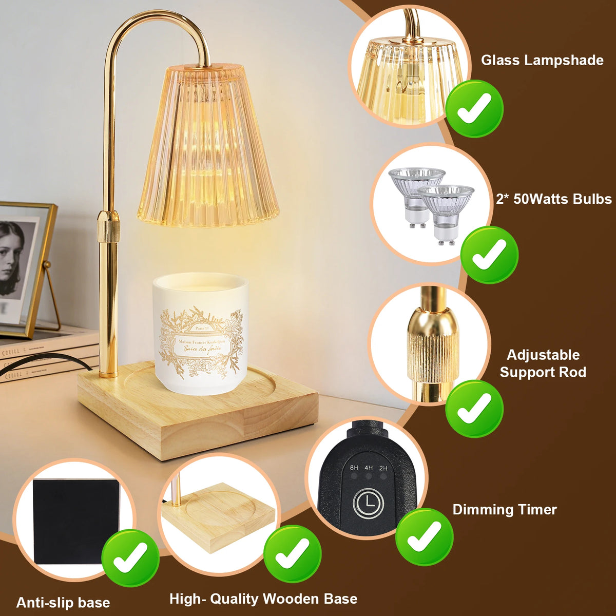 Candle Warmer Lamp with Wooden Tray, Dimmable Night Light