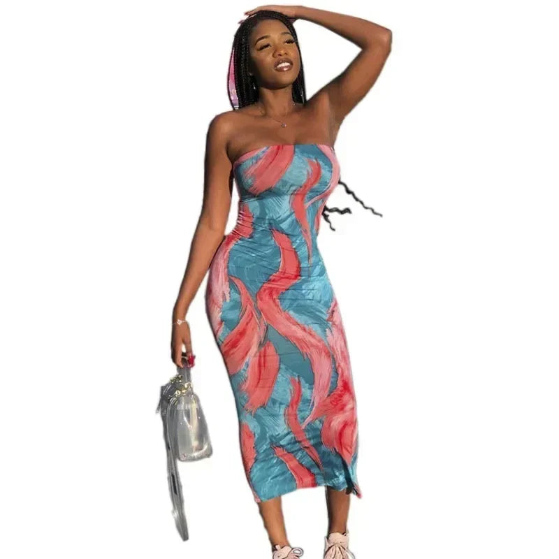 Spring And Summer Dresses For Women Chest Wrap Printed Off Shoulder Bandage Slim Sexy Long Dress 2023 New Fashion party MsChuh