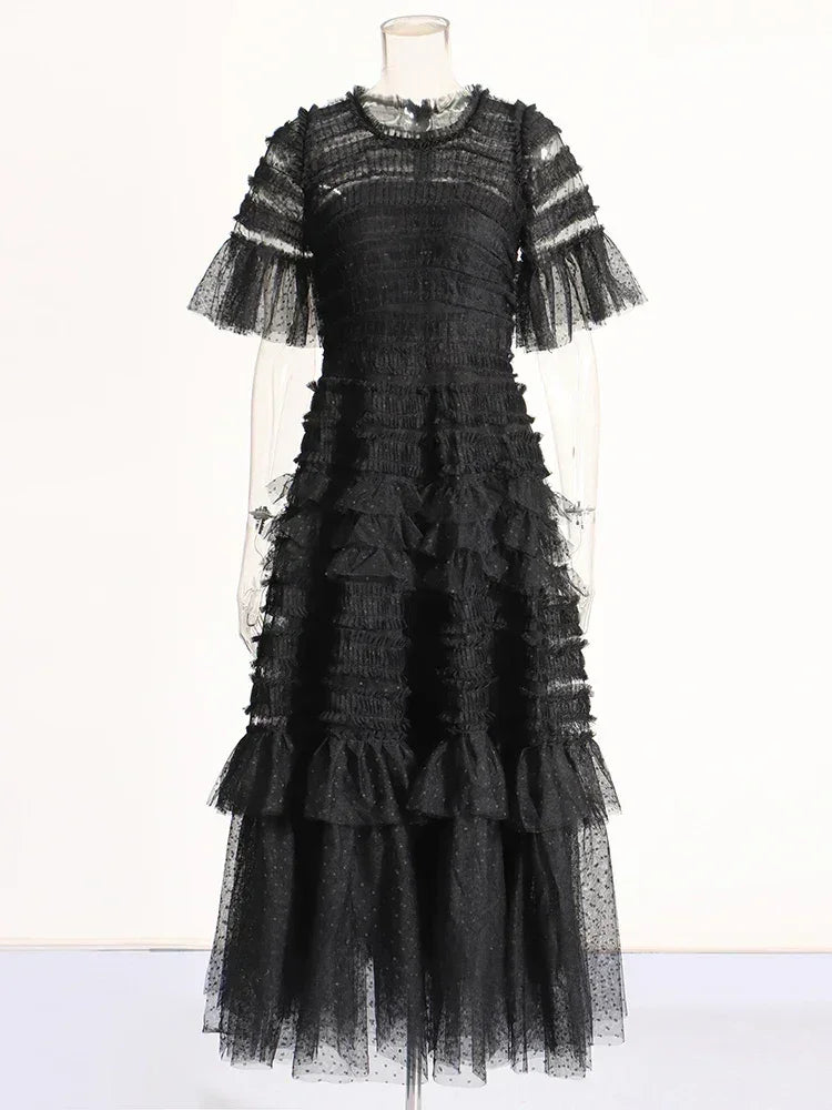 Patchwork Edible Tree Fungus Elegant Dresses For Women Round Neck Short Sleeve High Waist Temperament Dress Female Fashion
