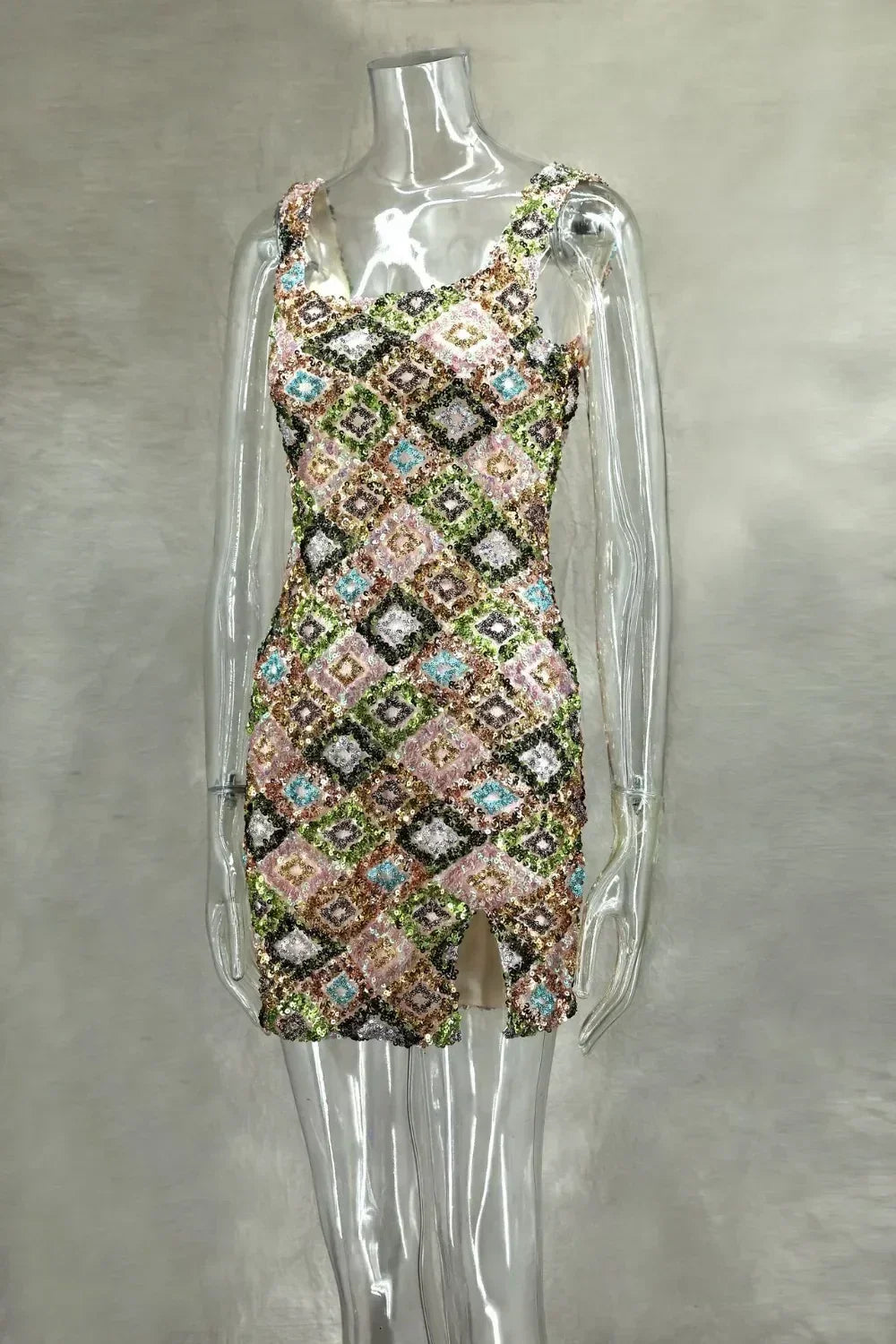 Colorful Rhombus Sequins Sexy Mini Dress Elegant Chic Straps Slit Bodycon Party Dresses Summer Holidays Evening Women Dress 2025