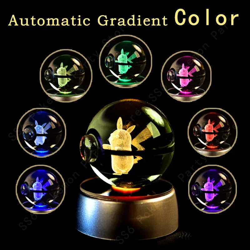 Pokemon Crystal Ball 3D Pikachu Gengar Mewtwo Night Light Lamp Pokeball 3D Glass Pokemon Crystal Ball Statue Kids Birthday Gift