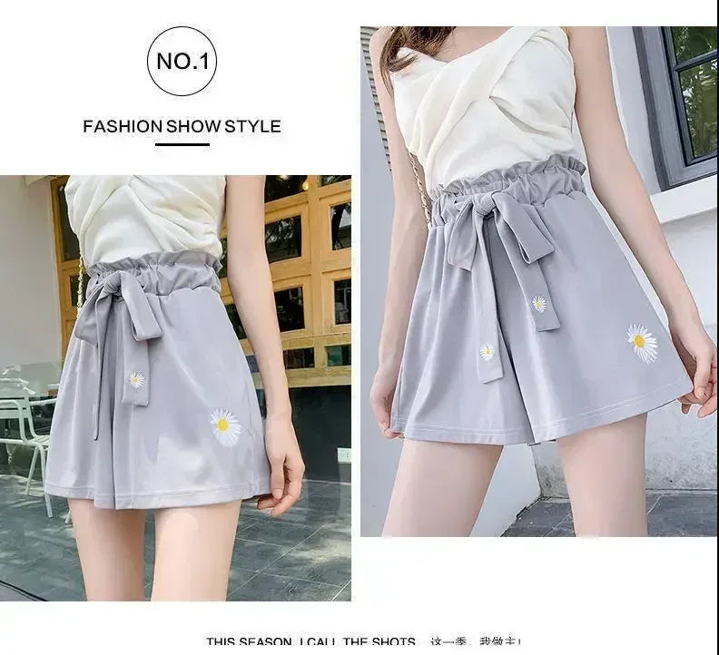 Summer Lightweight Black Casual Sports Pants Women Student Loose High-Waist Wide-Leg Shorts
