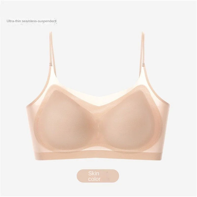 Ultra Thin Ice Silk Seamless Underwear Women Plus Size Sexy Top Soft Breathable Wireless Solid Lingerie Gathered Padded Bra