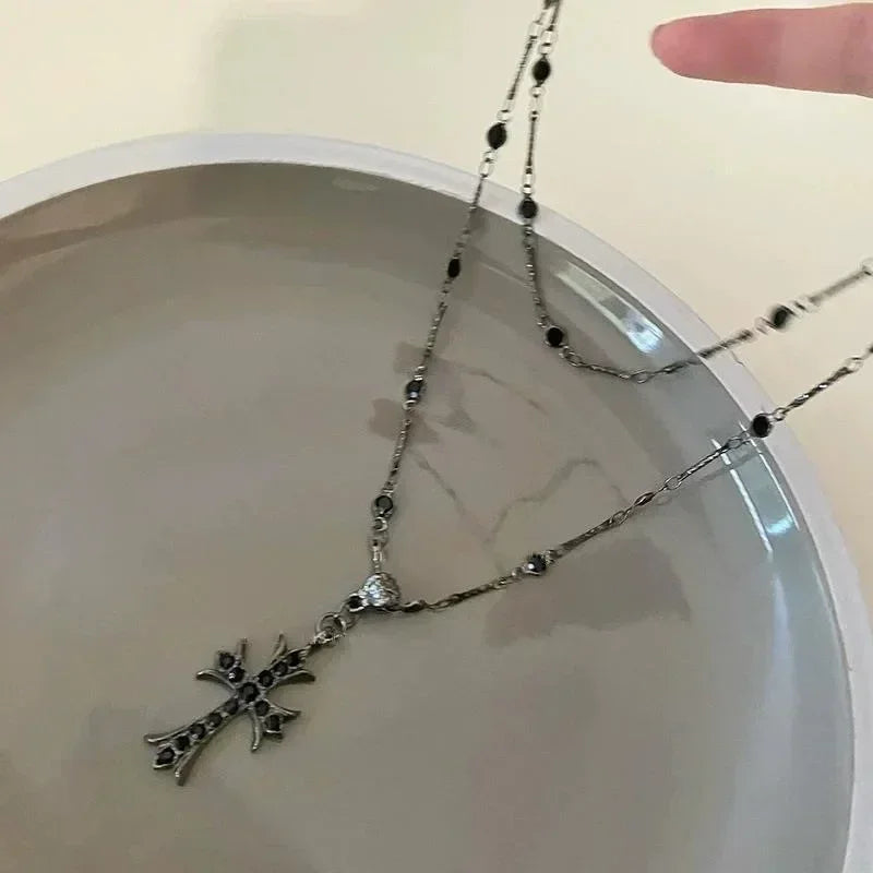 Summer Black Rhinestone Cross Jesus Pendant Choker Necklace for Women Punk Vintage Double Layers Chain 2024 Neck Boho Jewelry