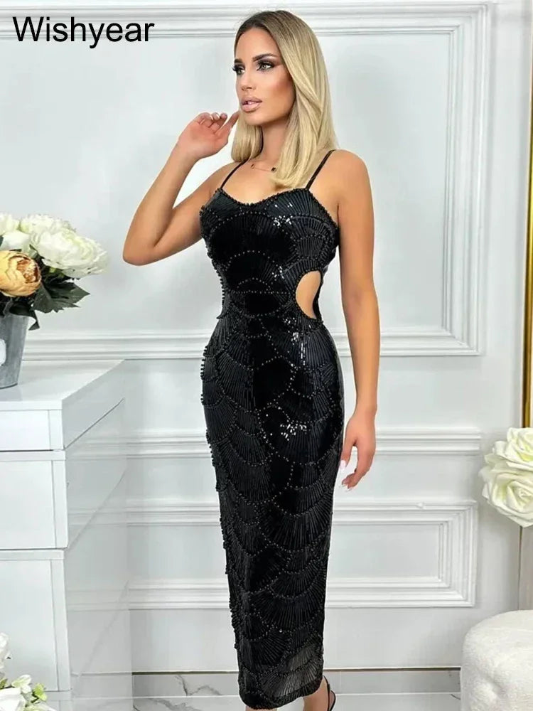 New Sequin Hollow Out Spaghetti Strap Backless Mermaid Long Dresses Women Elegant Celebrity Party Evening Wedding Bodycon Gowns