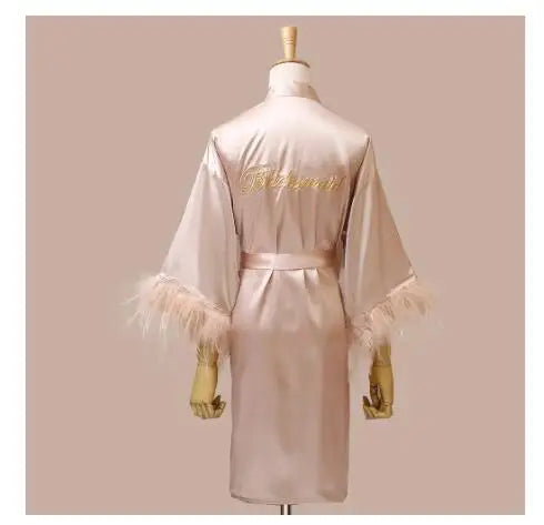 Women FEATHER Bride Bridesmaid Wedding Robe Satin Kimono Bathrobe Gown Nightwear Embroidery Letter Nightgown V-Neck Lingerie