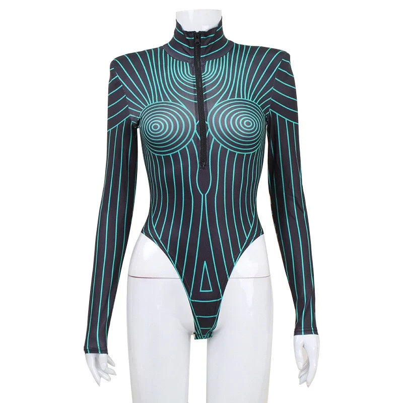 Y2K Sexy Streetwear Women Long Sleeve Fluorescent Striped Graphic Bodysuits Skinny Shoulder Pads Zip Up Top Romper Feminino