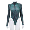 Y2K Sexy Streetwear Women Long Sleeve Fluorescent Striped Graphic Bodysuits Skinny Shoulder Pads Zip Up Top Romper Feminino