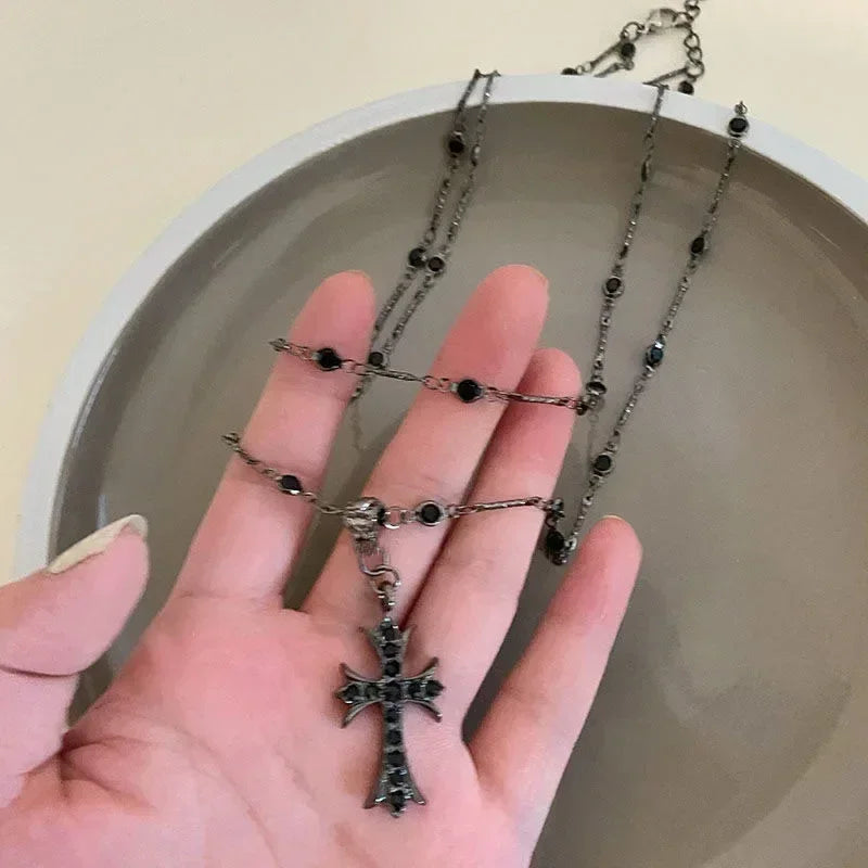 Summer Black Rhinestone Cross Jesus Pendant Choker Necklace for Women Punk Vintage Double Layers Chain 2024 Neck Boho Jewelry