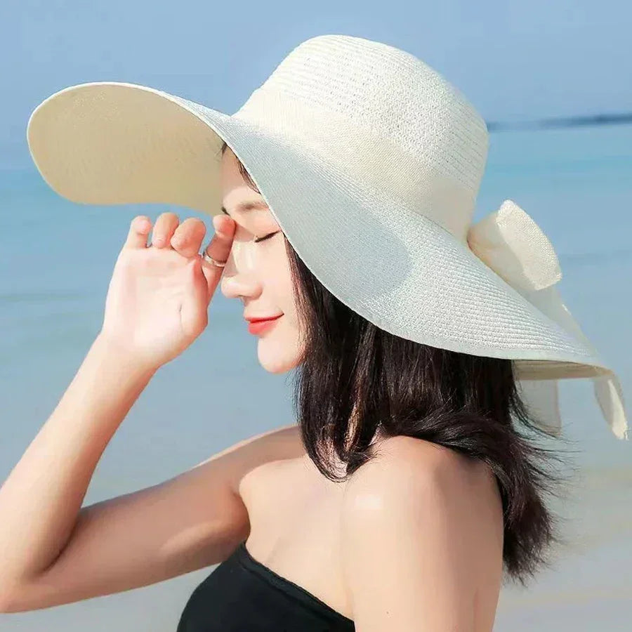 Ladies' hats, spring and summer new styles, large brimmed straw hats, summer UV resistant sun hats, foldable bow shaped sun hats