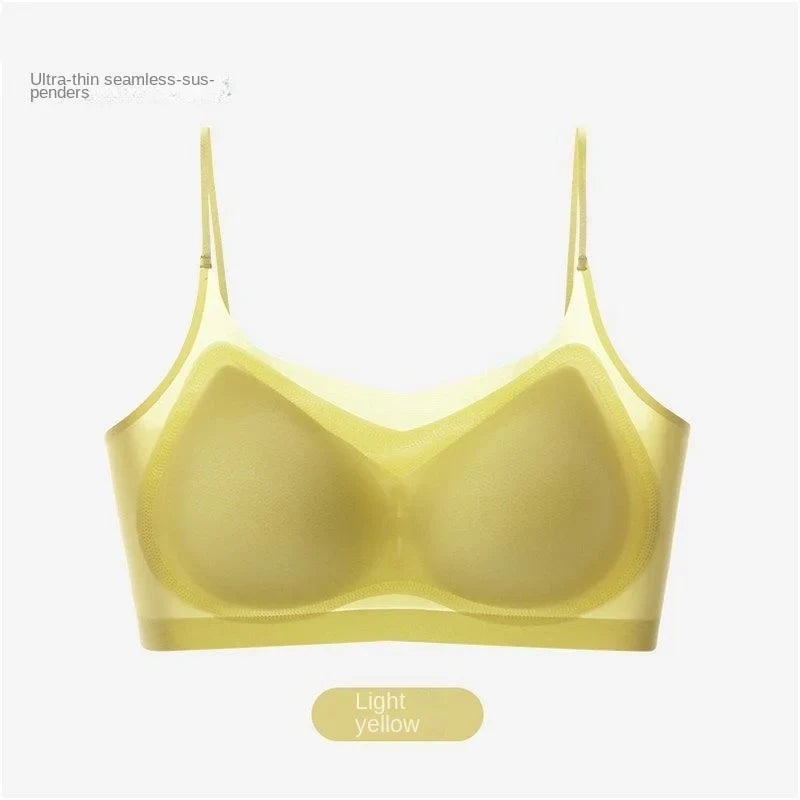 Ultra Thin Ice Silk Seamless Underwear Women Plus Size Sexy Top Soft Breathable Wireless Solid Lingerie Gathered Padded Bra