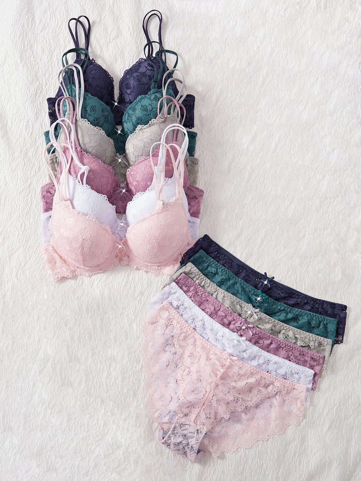 6-Piece Set Women's Bra and Panties Set Sexy Patterned Lace Patchwork No Lining Comfortable Fitting Women's Push up Bra Women's Underwear Set