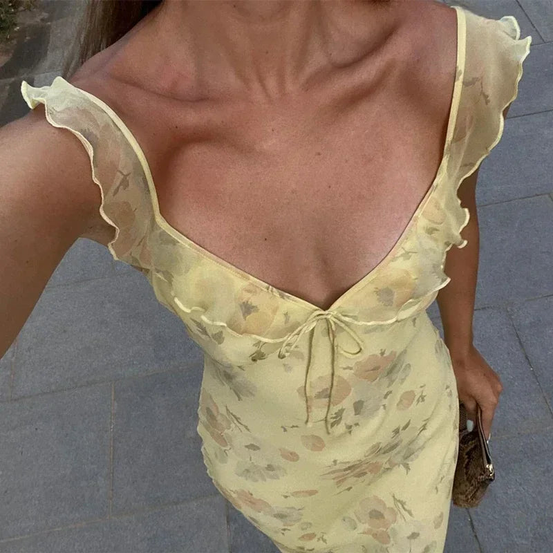 Yellow Floral Maxi Dress | Retro V-Neck Summer Party Gown -femstylo