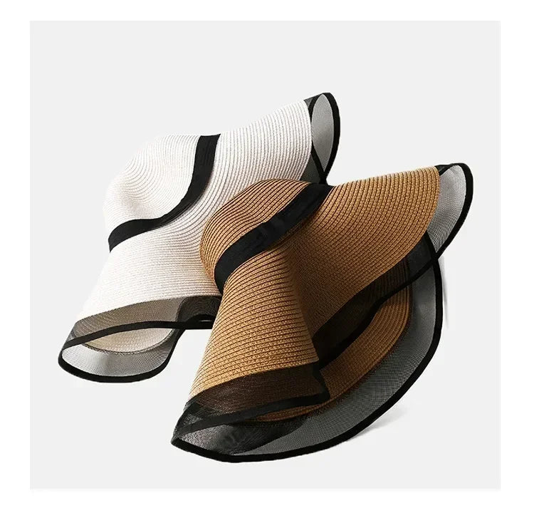 Women Sun Hat Big Eaves Waves Beach Cap Ladies Hat Big Brim Sun Visors UV Cut Bucket Panama Cap Foldable Straw Sunscreen Vintage