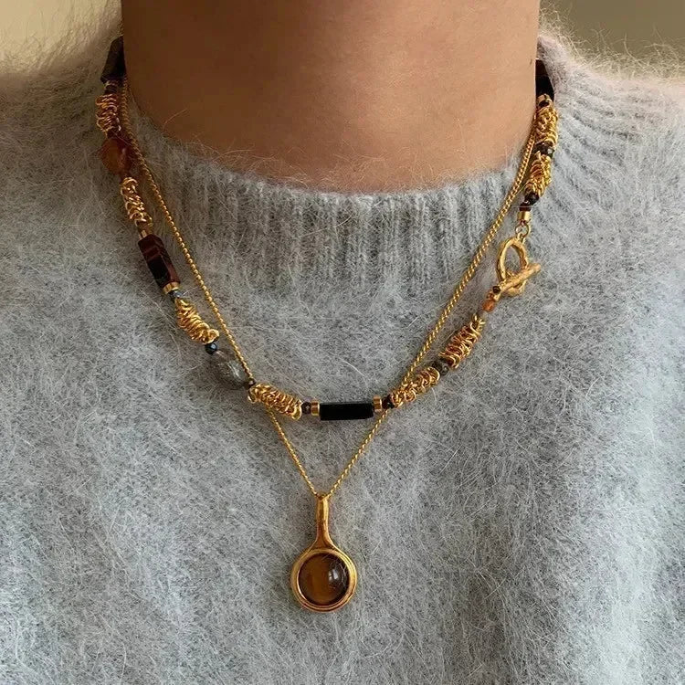 Autumn and Winter New Natural Stone Metal Splicing Bead Necklace for Women Double-layer Layered Collarbone Chain