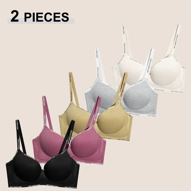Trendy 2Pcs/Set Women's Seamless Solid Color Bras Sexy Letter Straps Wireless Push Up Underwear New Ladies Deep V Neck Brassiere