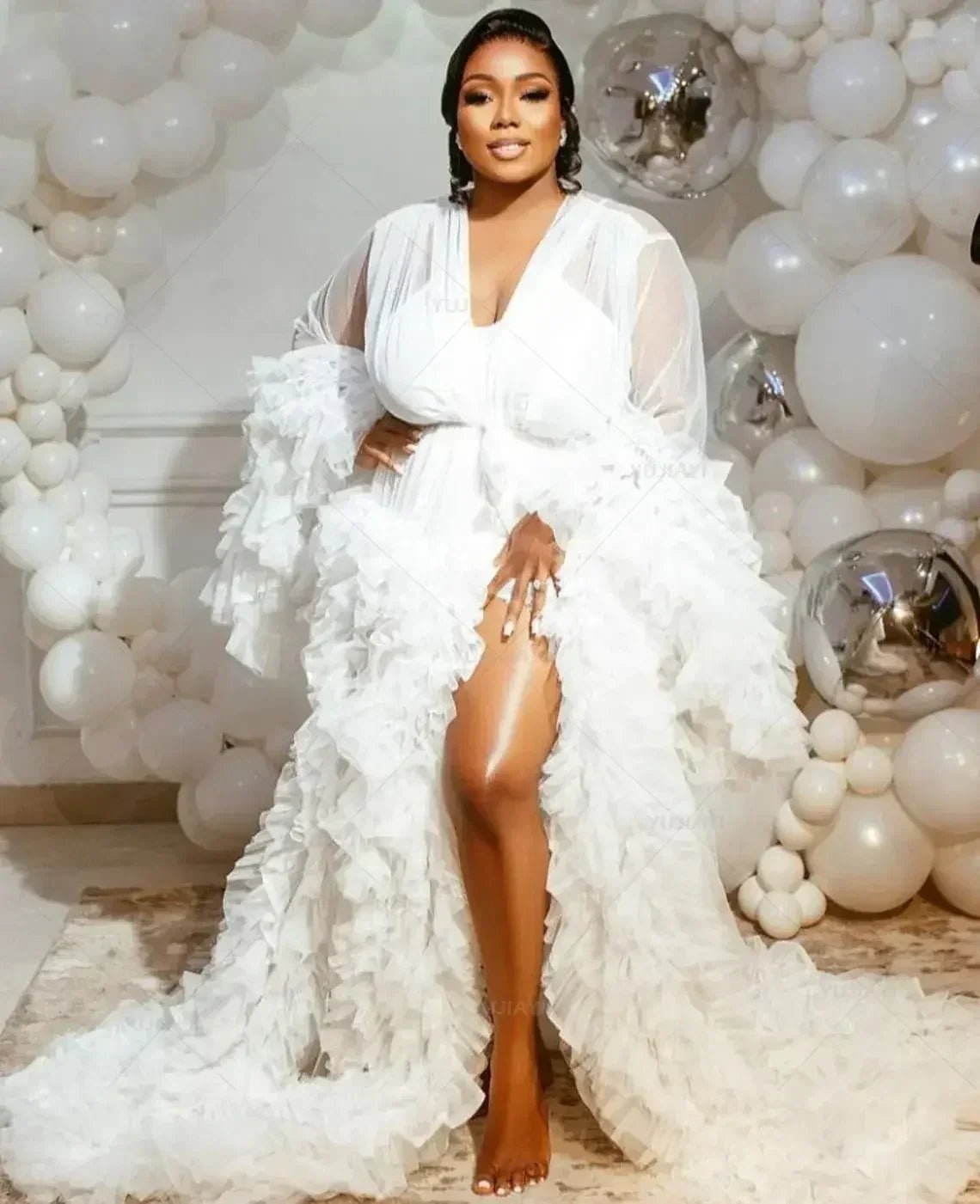 Maternity Gown for Baby Shower Dressing Gown Perspective Sheer Skirt Long Tulle Bridal Robe Puffy Sleepwear for Women Nightwear