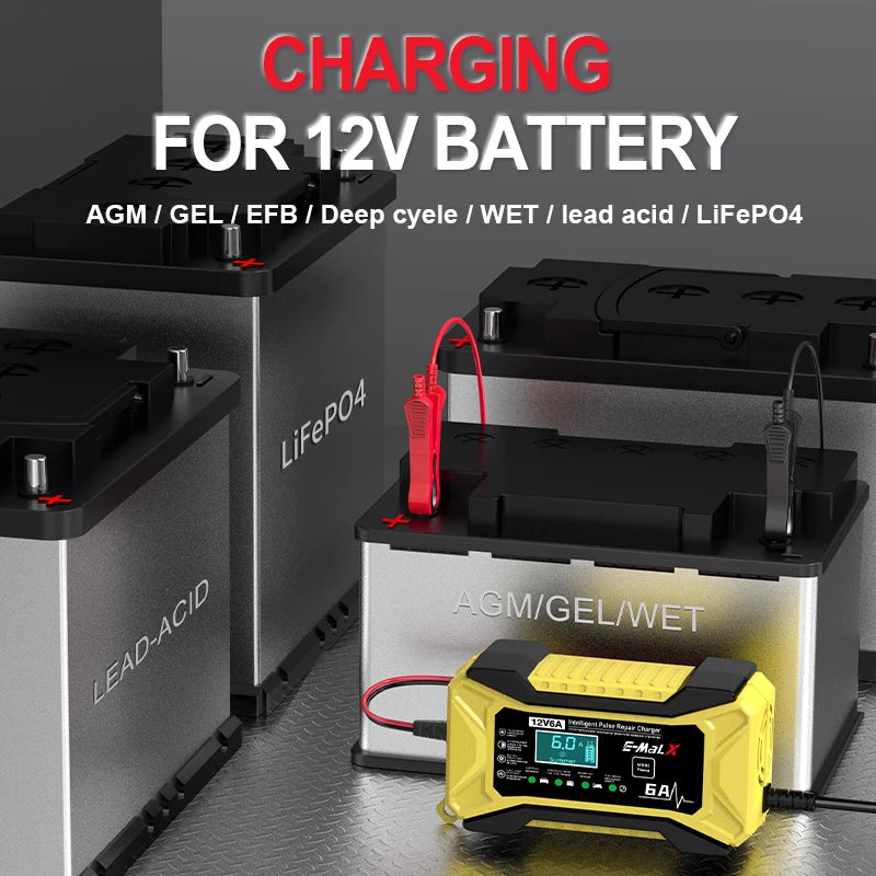 Charging a 12V battery — works with AGM, GEL, EFB, wet, lead-acid and LiFePO4 batteries