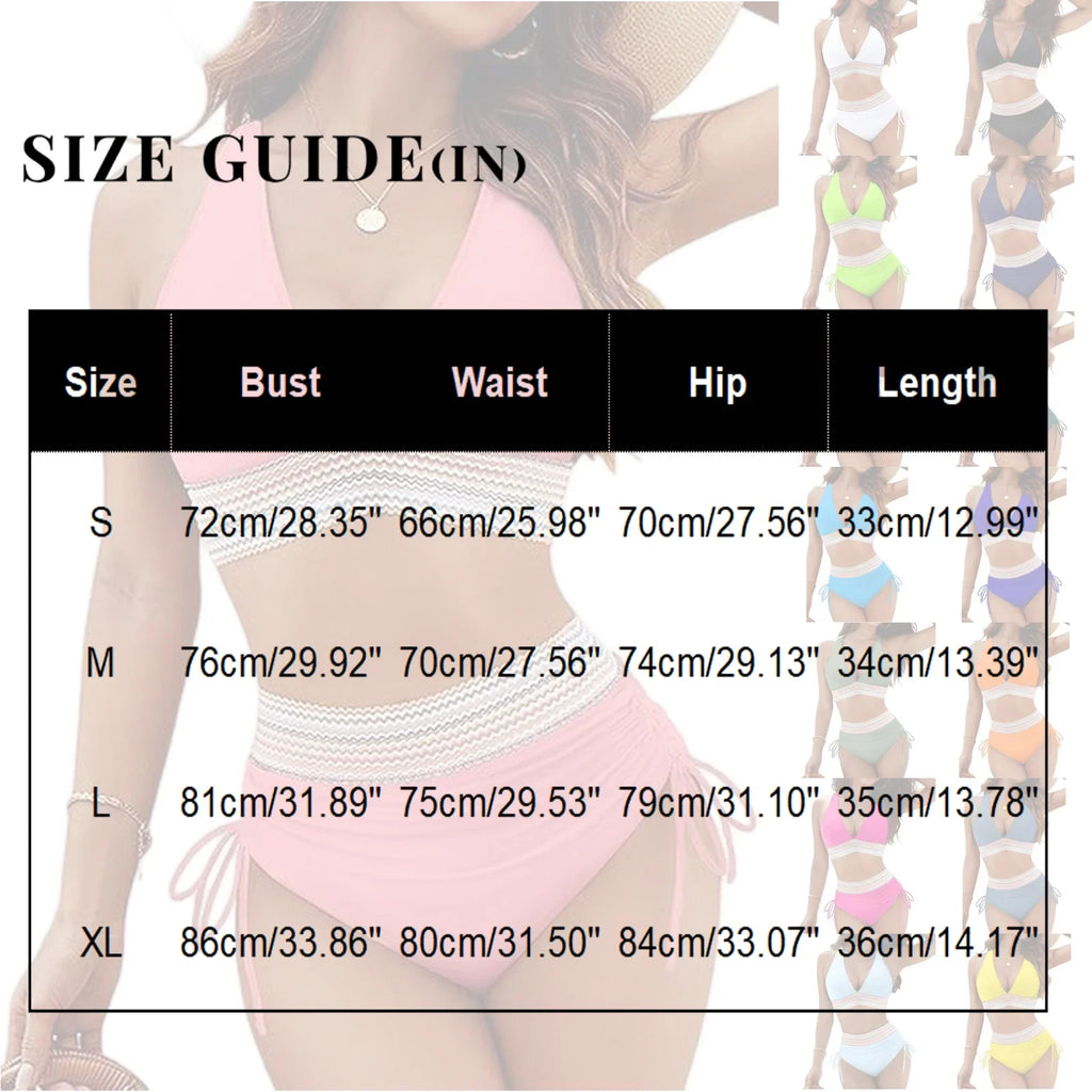 Women High Waisted Bikini Sets Tummy Control Swimsuits Color Block Two Piece Drawstring Bathing Suit Adjustable Shoulder Straps