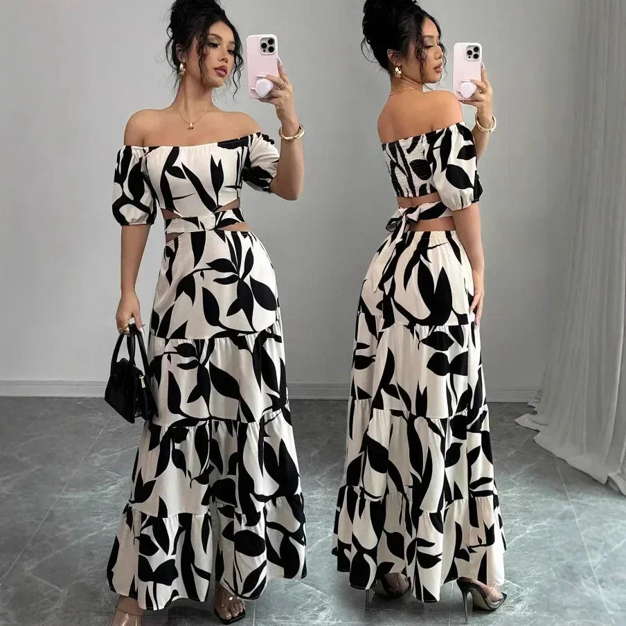 Elegant Short-sleeved Dress For Women Spring Summer Fashion Printing Waist-tightening Patchwork Loose Casual Dresses Female