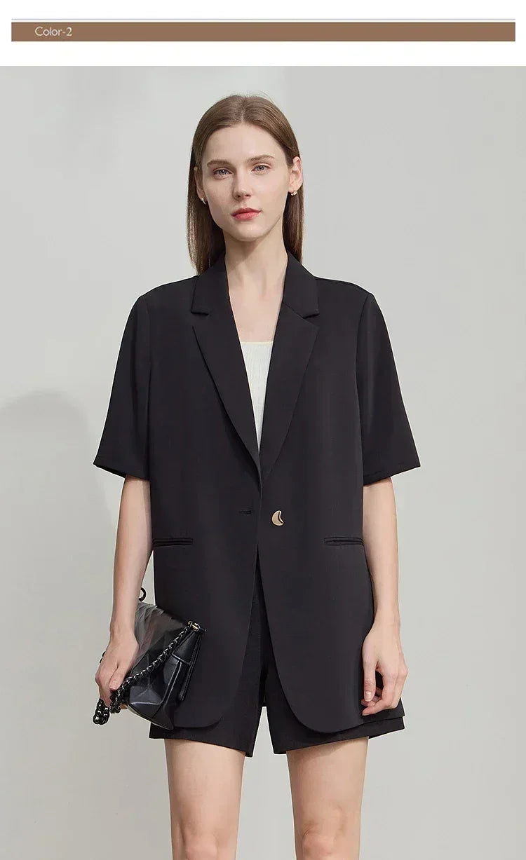 Amii Women's Top Minimalist 2025 Summer New Notched Lapel Contrast Material Patchwork One Button Short Sleeve Blazer 12542081