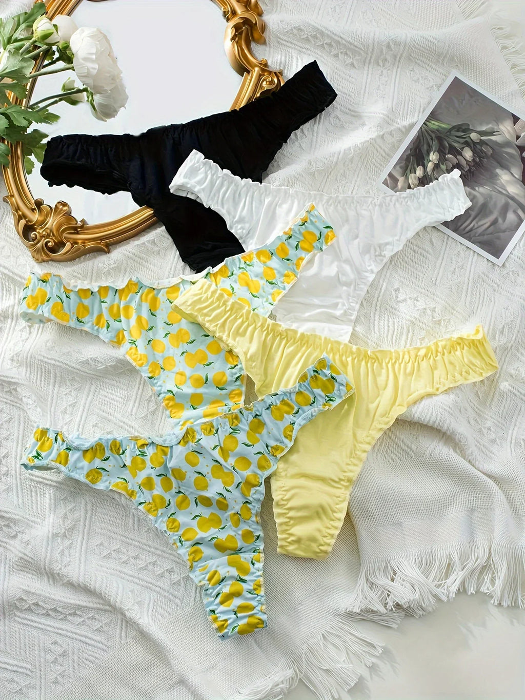 5-piece mixed fruit pattern pure cotton ruffled women's thong, wrinkled comfortable women's underwear