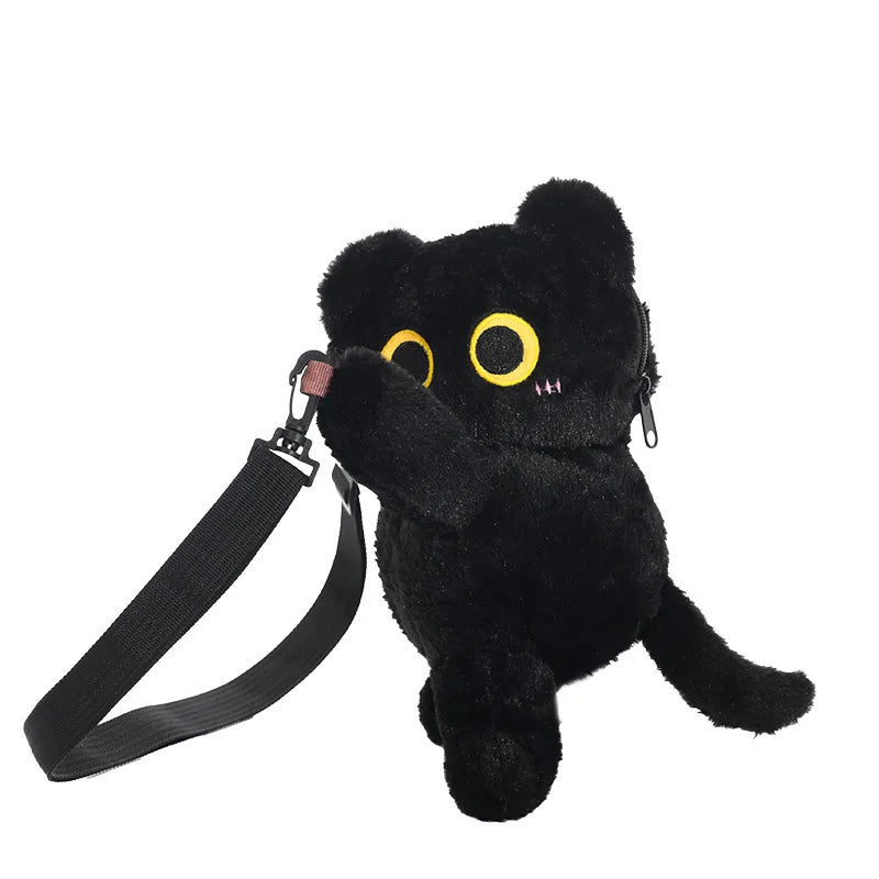 Kawaii Black Cat Plush Fashion Shoulder Bag – Cute Fur Crossbody and Phone Coin Purse for Women