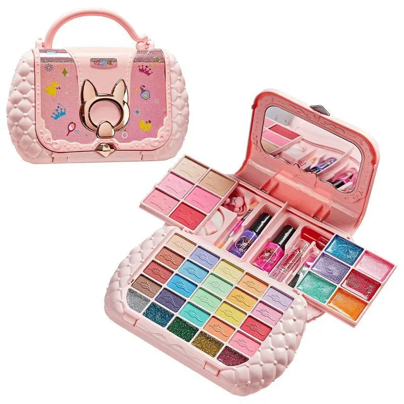 Kids Makeup Kit Pretend Play Cosmetic Set with Cat-Ear Bag Mirror Washable Non-Toxic Toy Birthday Gift for Girls