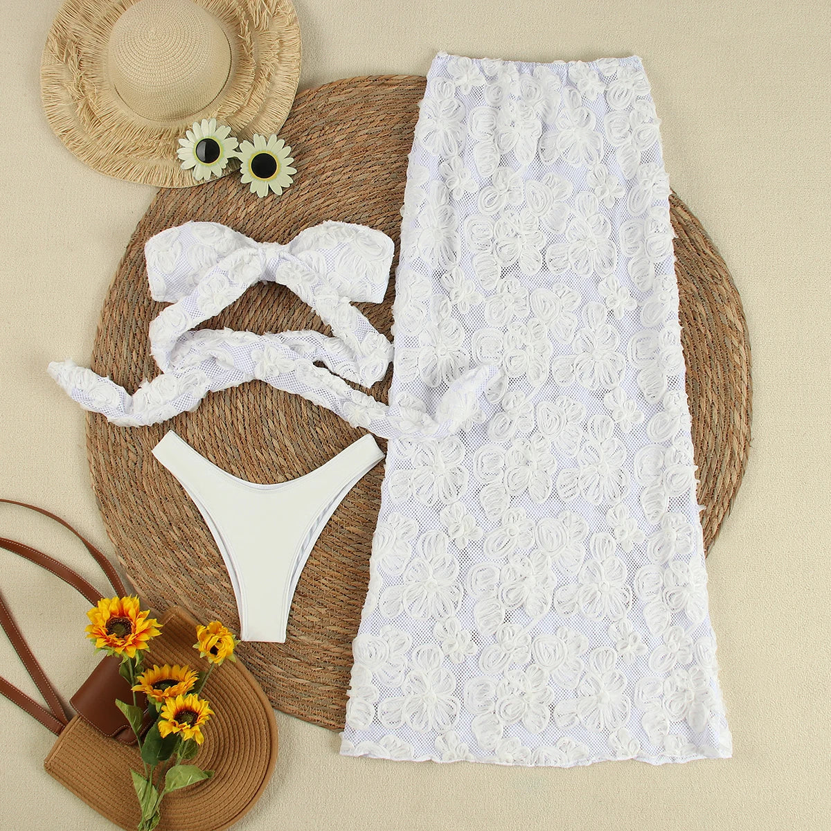 Sexy White Lace 3 pieces Bikinis Women Swimsuit 2024 Swimwear Bathing Suit Beachwear With Lace Skirt Bikini Set Biquini female