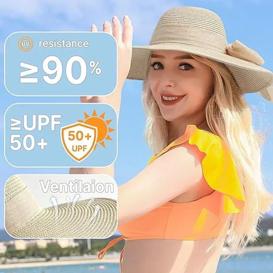 Ladies' hats, spring and summer new styles, large brimmed straw hats, summer UV resistant sun hats, foldable bow shaped sun hats