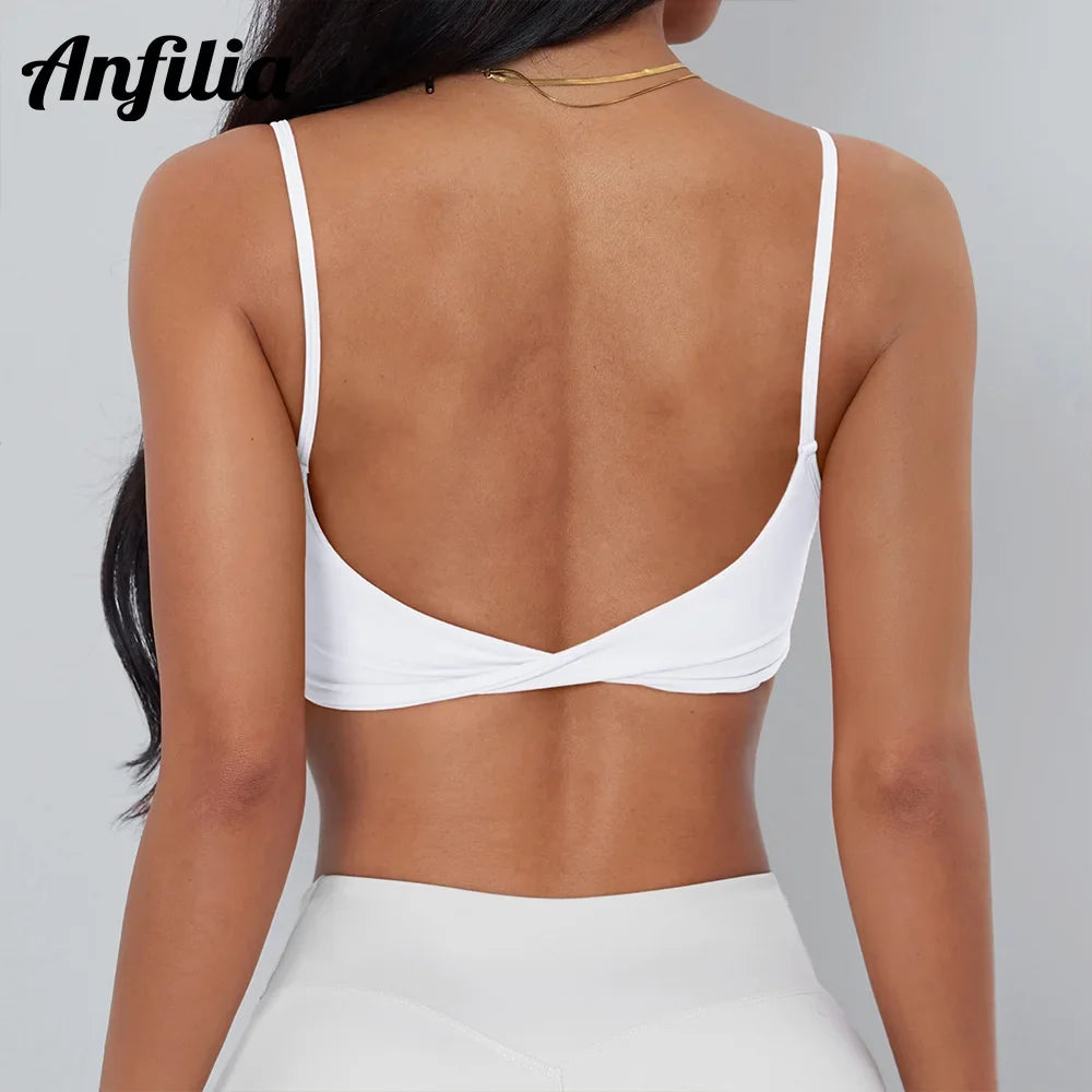 Anfilia Women Sports Bra Spaghetti Straps Backless Gym Bra High Elastic Square Neck Removable Padding Workout Top