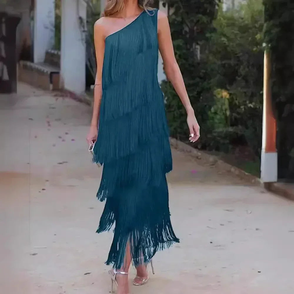 Spring and Summer New Fashion Fringed Slanted Shoulder Asymmetrical Dress for Women