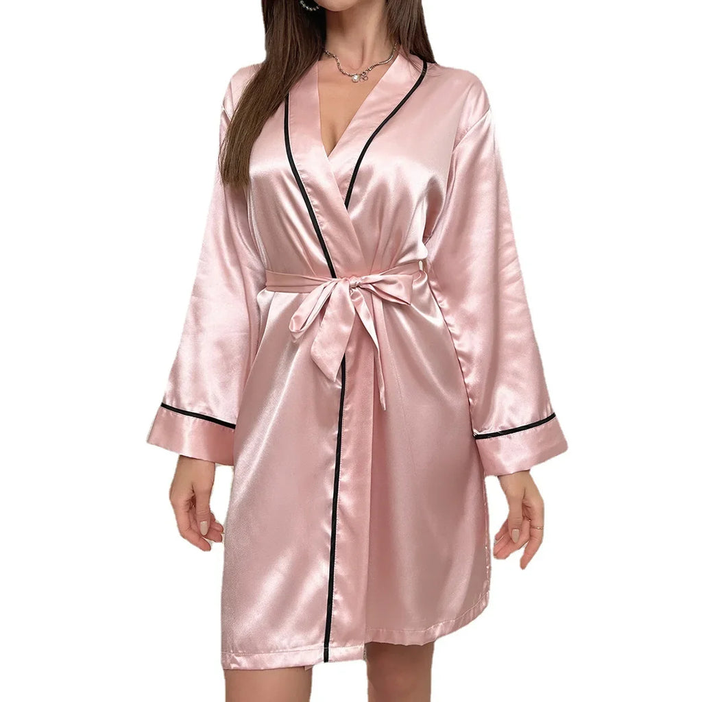 Womens Sexy Satin Robe Long Sleeve V Neck Short Kimono Contrast Piping Belted Sleepwear Loungewear Bridal Party Dressing Gown
